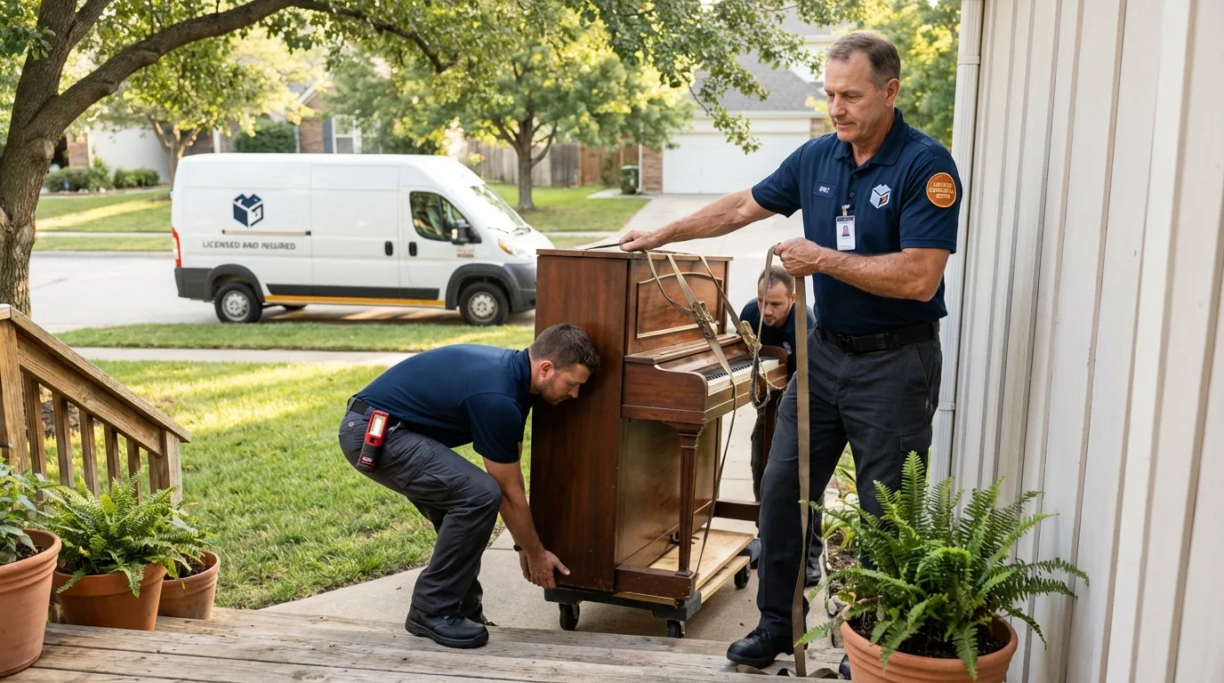 Licensed piano movers securing grand piano in Stuart, VA