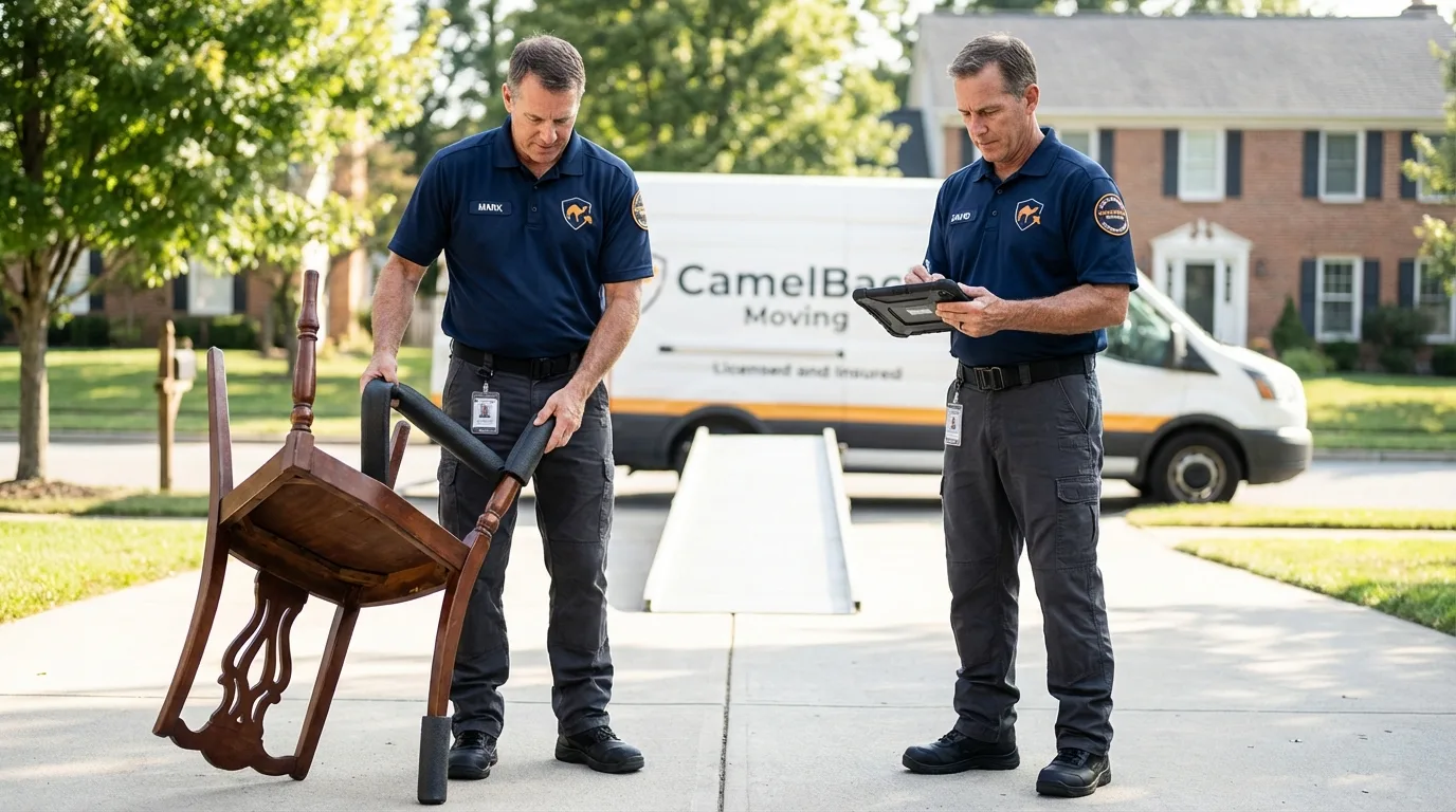 Movers inspecting furniture for damage prevention before loading in Stuart, VA