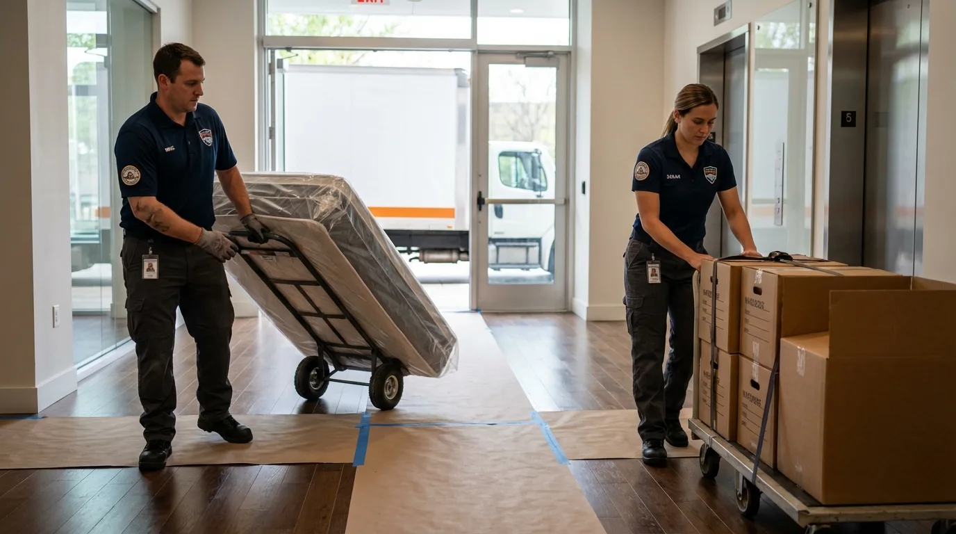 Professional apartment movers loading elevator in Stuart, VA